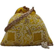 Yellow Chikankari Silk Potli Bag for Festive Occasions